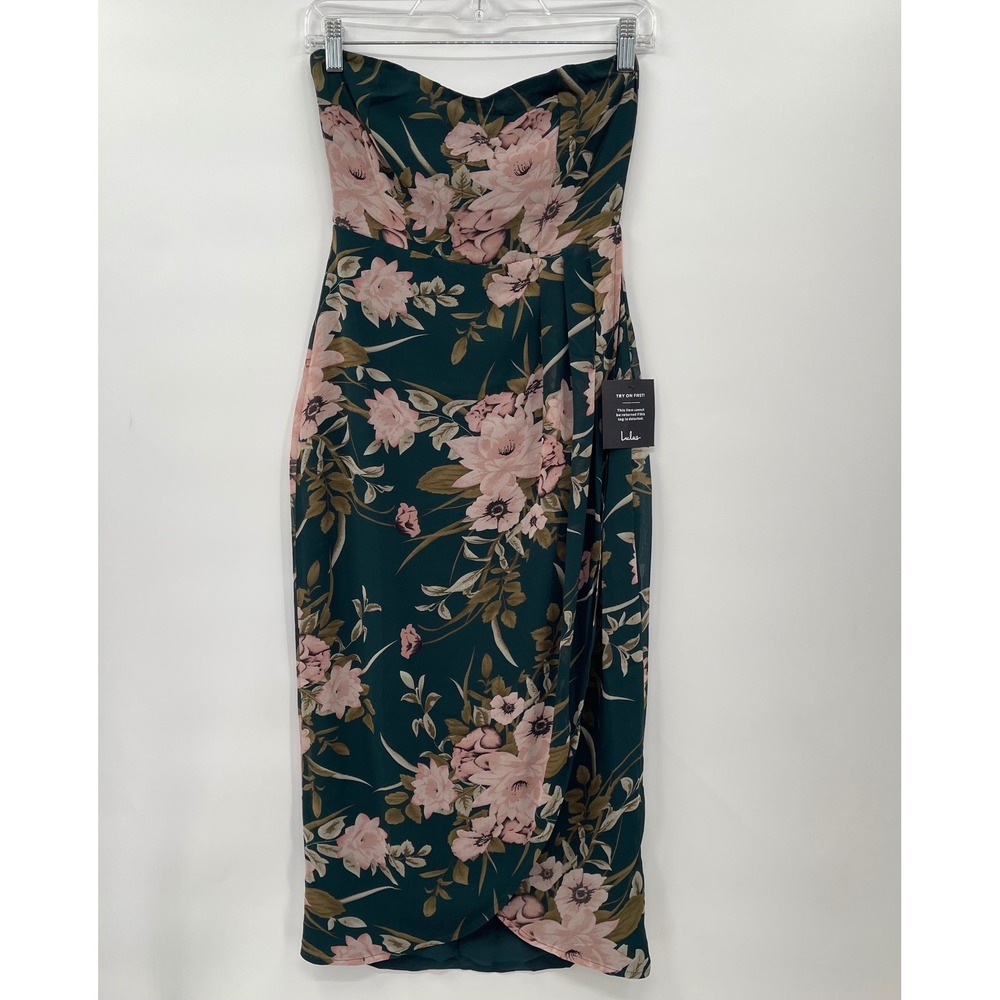Lulus Emerald Green Floral Print Strapless Midi Dress XS